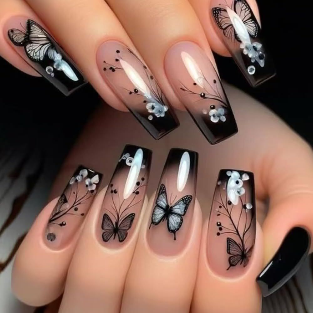 Long Coffin Press on Nails Butterfly Fake Nails Glossy Glue on Nails Black French Tip Acrylic Nails Flower French Artificial Nails 3D Rhinestone Stick on False Nails with Gradient Design 24 PCS