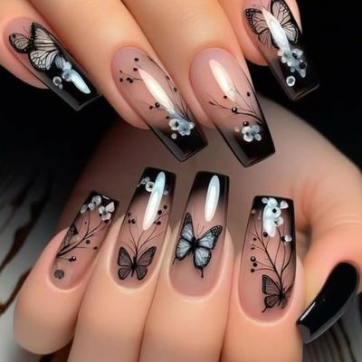 Long Coffin Press on Nails Butterfly Fake Nails Glossy Glue on Nails Black French Tip Acrylic Nails Flower French Artificial Nails 3D Rhinestone Stick on False Nails with Gradient Design 24 PCS