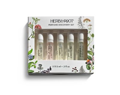 Herb &amp; Root Perfume Discovery Set of 5 Clean Fragrance Perfume Sprays, Gender Neutral | 5 perfume samples | paraben free, non-toxic
