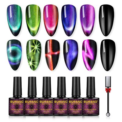 BURANO 9D - Magnetic 6 Colors Set Holographic Cats Eyes Gel Nail Polish Gel with Magnet Stick Set Cateye Soak Off UV LED Gel (Black)