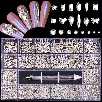 Nail Rhinestones Kit, Nail Art Decorations Flat AB Rhinestones Kit DIY Crafts Gemstones for Nail, Shoes, Clothes, Jewels (600 Clear diamonds 2500 flat rhinestone)