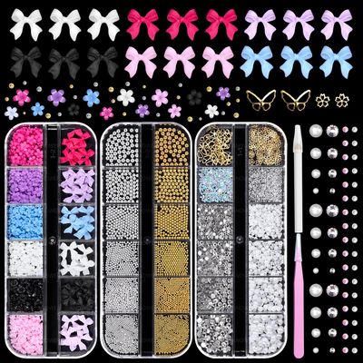 3D Nail Charms for Acrylic Nails, 6 Colors Nail Flower and Bows Nail Art Charms, Gold Silver Caviar Nails Beads, Half Round Pearl and Flatback Glass AB&amp;Clear Crystal Gems for Nail Art Y2K Decor