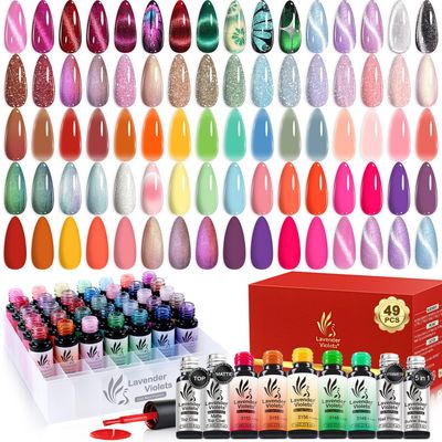 Lavender Violets 49 PCS Gel Nail Polish Set, 45 Colors Cat Eye Reflective Glitter Gel Polish with Nail Primer, Base Coat, Glossy &amp; Matte Top Coat Jelly Nude Red Brown Gifts for Women