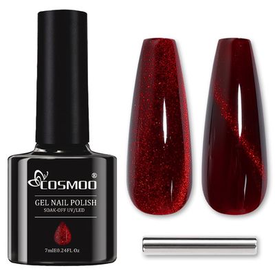 Wine Red Cat Eye Gel Polish, Dark Red Gel Nail Polish, Cat Eye Glitter, Magnetic, Shimmer Nail Polish for Nail Salon &amp; DIY at Home (Wine Red, 0.34 Fl Oz)