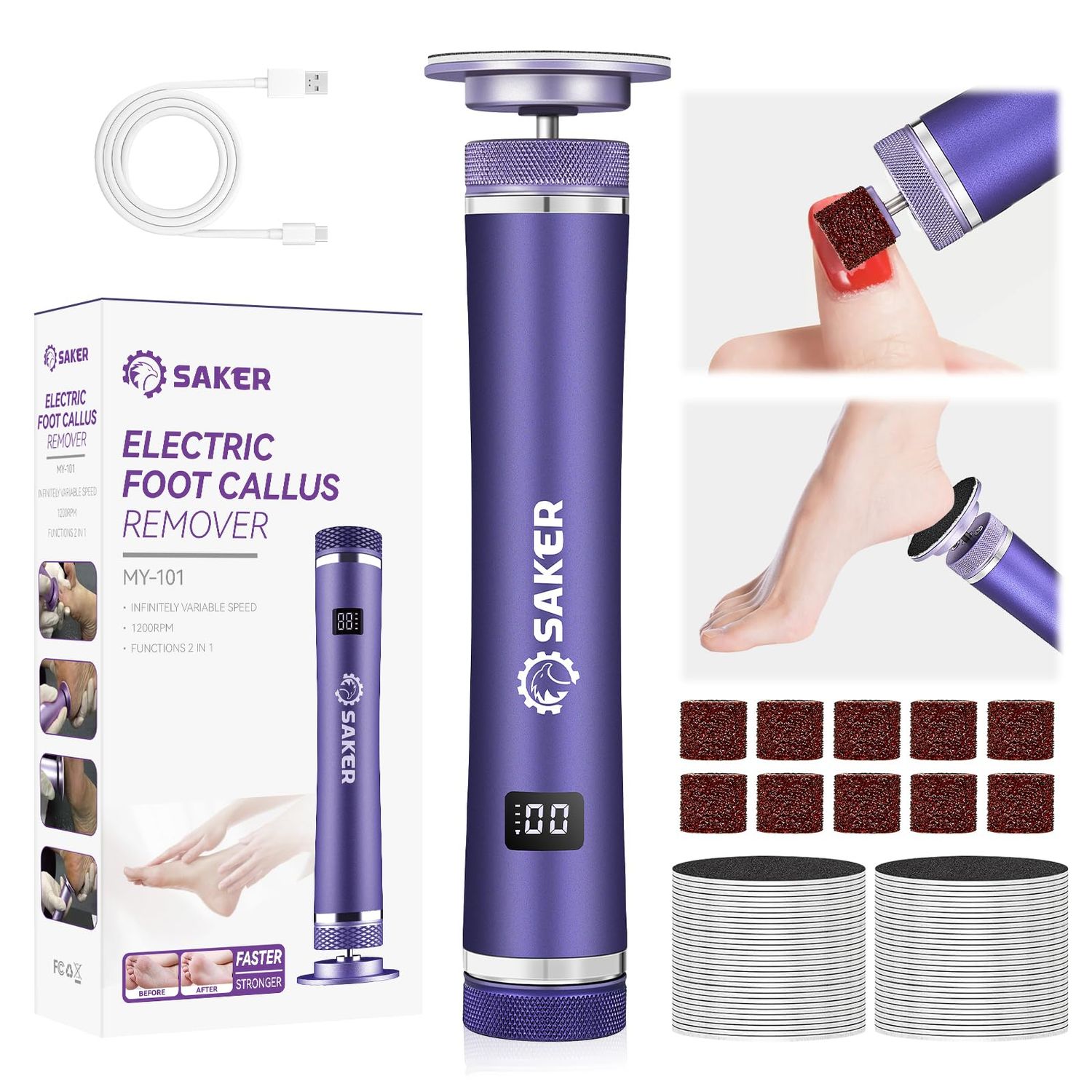 Saker Electric Foot Callus Remover, Electric Foot File Nail Grinder 2 in 1, Rechargeable Pedicure Tools for Feet with 6010PCS Sandpaper &amp; 12 Adjustable Speeds for Men Women Dead Dry Skin Calluses