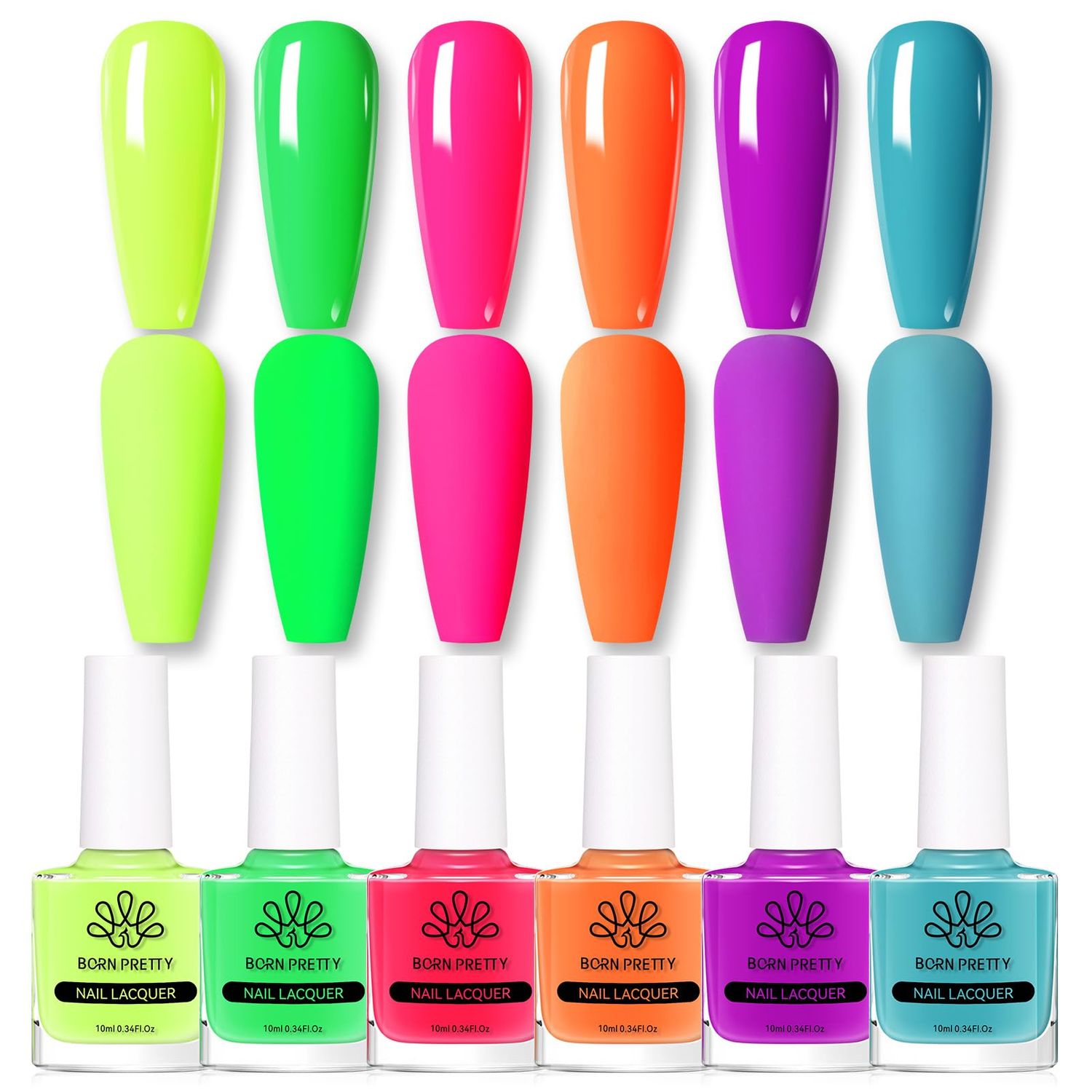 Born Pretty Neon Nail Polish Set, 6 Bright Colors Quick Dry Nail Polish Hot Pink Orange Yellow Green Blue Purple Spring Summer Nail Polish 10ml 0.34oz Fluorescent Nail Lacquer Glossy Nail Polish Set