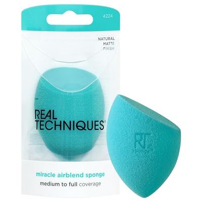 Real Techniques Miracle Airblend Sponge, Matte Makeup Blending Sponge, For Liquid, Cream, &amp; Powder Products, Offers Medium To Full Coverage, Foundation Sponge, Latex-Free Foam, 1 Count