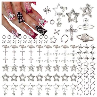BBATT-HAPPY 110pc Star Nail Charms, Silver Star Planet Cross Alloy Nail Art Decoration