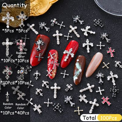 ZUMILLMN 100pcs Cross Nail Charms, 3D Nail Decorations for Nail Art, Pearl Gems Diamond Nail Decor, Metal Alloy Crystal Rhinestones Nail Studs for Women Girl DIY Jewelry Cellphone CraftsCross