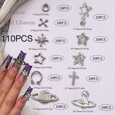BBATT-HAPPY 110pc Star Nail Charms, Silver Star Planet Cross Alloy Nail Art Decoration