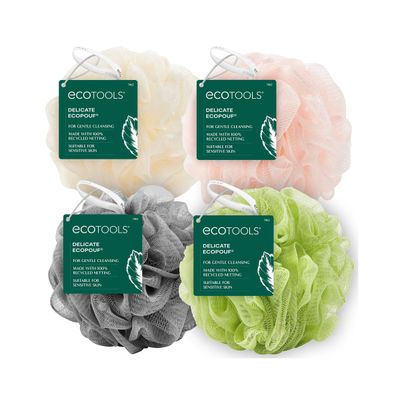 EcoTools Delicate EcoPouf 4 Pack, Loofah Sponge for Bath &amp; Shower, Recycled Netting, Gentle Exfoliation, Pouf for Body Wash, Eco-Friendly Bath Accessory, Cruelty-Free, Color May Vary, (60g Each)