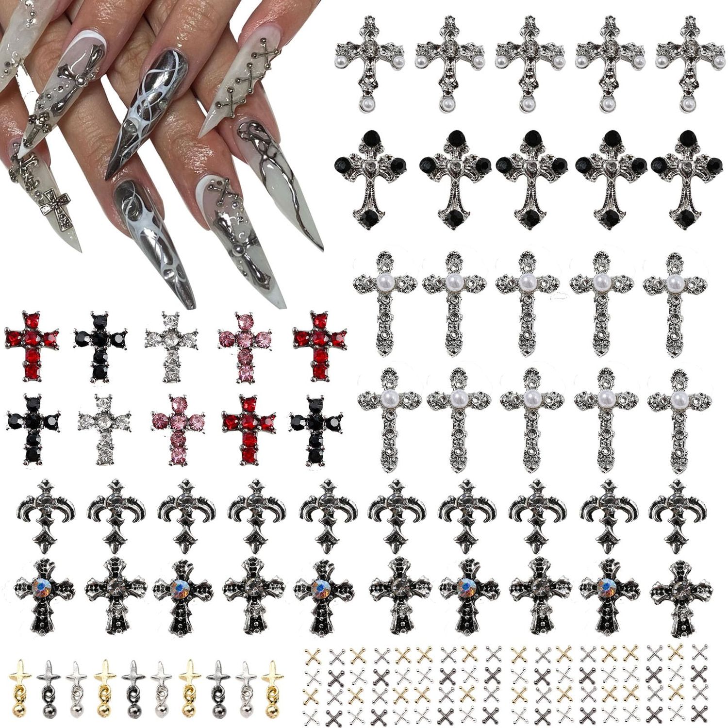 ZUMILLMN 100pcs Cross Nail Charms, 3D Nail Decorations for Nail Art, Pearl Gems Diamond Nail Decor, Metal Alloy Crystal Rhinestones Nail Studs for Women Girl DIY Jewelry Cellphone CraftsCross