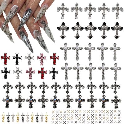 ZUMILLMN 100pcs Cross Nail Charms, 3D Nail Decorations for Nail Art, Pearl Gems Diamond Nail Decor, Metal Alloy Crystal Rhinestones Nail Studs for Women Girl DIY Jewelry Cellphone CraftsCross