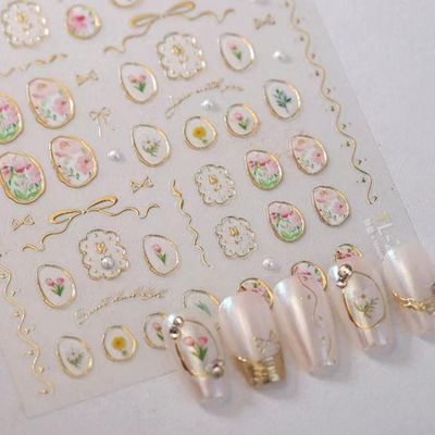 5D Embossed Flower Nail Art Stickers Tulip Glue Irregular Geometric Frames Nail Stickers Gold Hollow Designs Nail Decals Supplies Self Adhesive Nails Sticker DIY Acrylic Nail Accessories