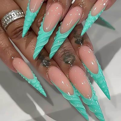 RUOKEXIN Long Stiletto Press on Nails French Tip Fake Nails Blue False Nails with Designs Extra Long Nail Press ons Sparkly Artificial Nails Cute Stick on Nails for Women 24Pcs