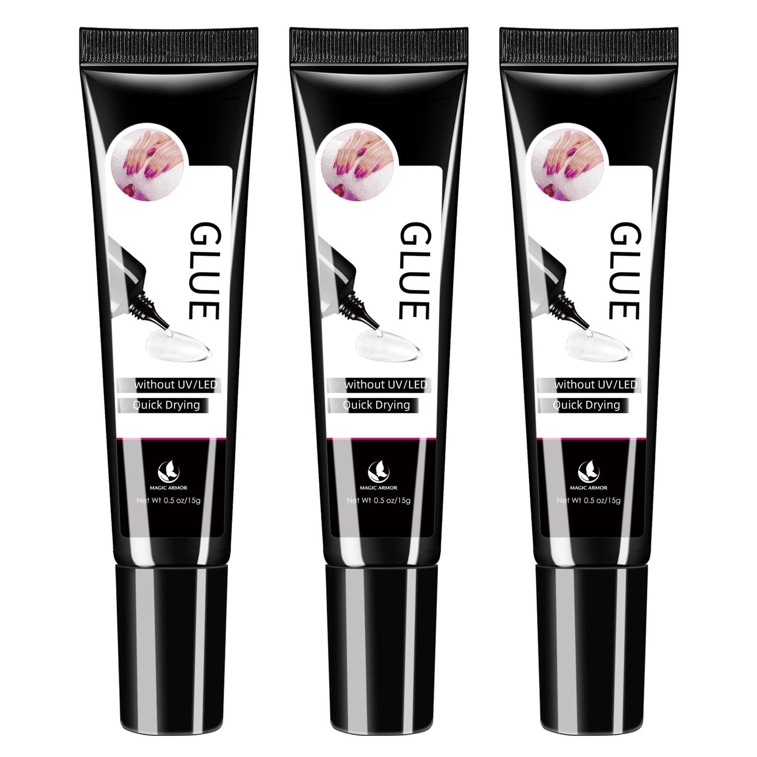 MAGIC ARMOR 3Pcs Solid Nail Glue Gel for Press On Nail, No UV Lamp, Super Strong, Quick Drying, Semi Solid, Long Lasting, Clear/Transparent (15g x3)