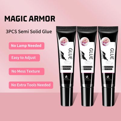 MAGIC ARMOR 3Pcs Solid Nail Glue Gel for Press On Nail, No UV Lamp, Super Strong, Quick Drying, Semi Solid, Long Lasting, Clear/Transparent (15g x3)