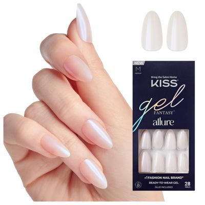 KISS Gel Fantasy Allure Press On Nails Almond, Space, Pink, Medium Length, Ready to Wear Gel Nails, 28 Fake Nails, Pink Gel Nail Glue (2g), Cuticle Stick, &amp; Mini Nail File