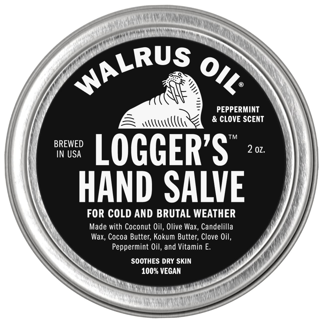 Walrus Oil - Loggers Hand Salve Cream, 2oz, 100 Vegan and Beeswax-Free, Made with Coconut Oil, Cocoa Butter, Olive Wax, and more. Peppermint and Clove scent.