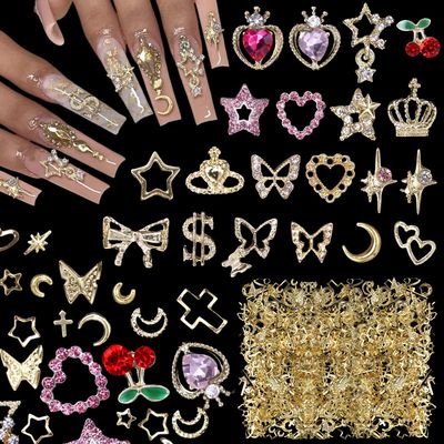 540 Pcs Gold Nail Charms, 40 Pcs Heart Star Cherry Nail Rhinestones and Charms, Junk Case Charm Multi Shapes Cross Moon Metal Rivet Nail Charm, Y2K 3D Chrome Nail Decor