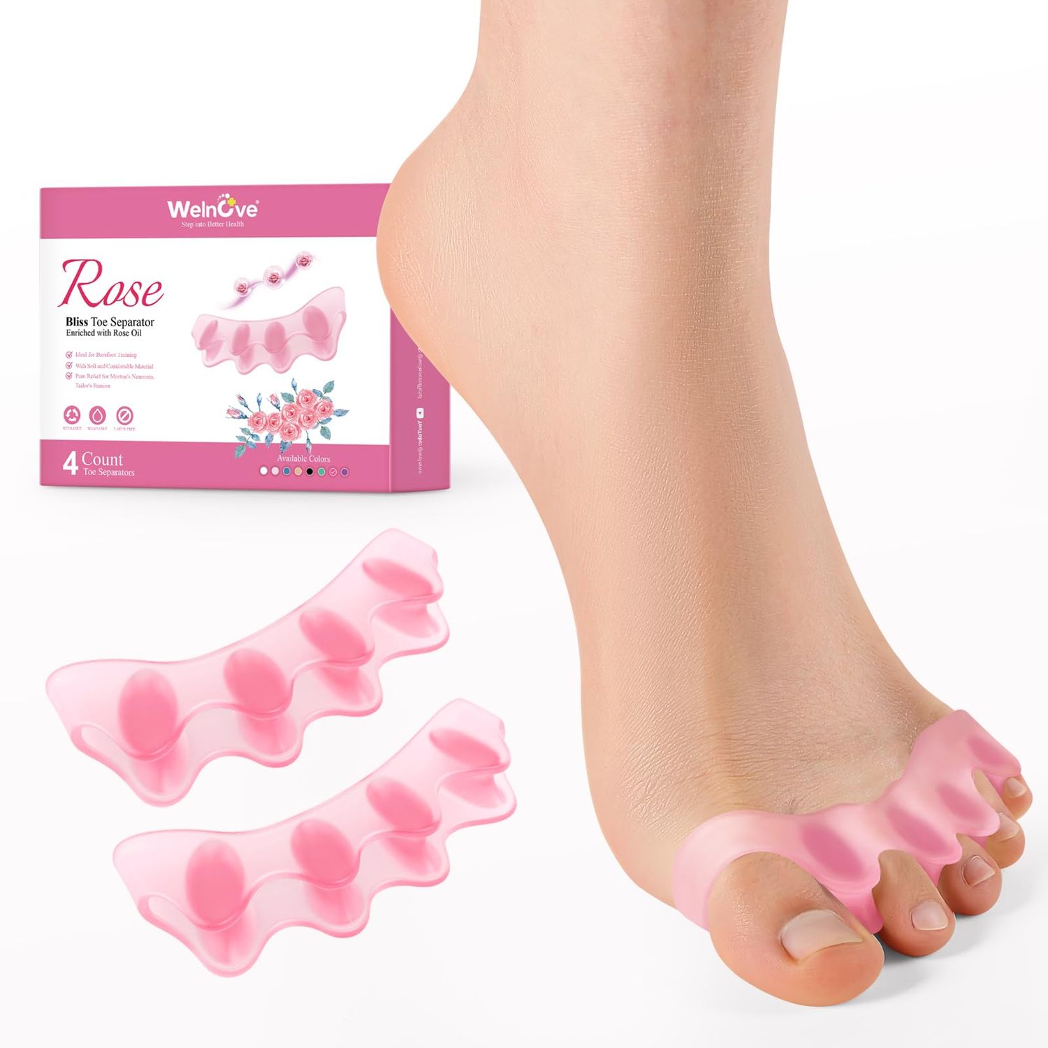 Welnove Toe Separators Spacers for Women - Toe Spreaders with Rose Extract, Toe Straightener for Women Men - Toe Stretcher for Walking, Running &amp; Yoga Practice - Rose, 4 Pack