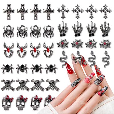 CHANGAR 40 Pcs 3D Halloween Nail Art Charms Vintage Punk Alloy Nail Charms Skull Ghost Bat Spider with Rhinestones Alloy Nail Art Jewelry for Halloween DIY Nail Art Craft Decoration Supplies