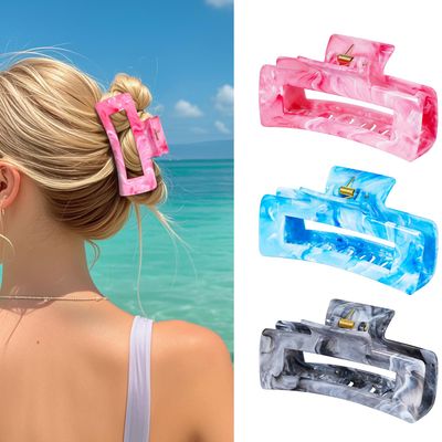 SHINLEA 3Pcs Hair Claw Clips for Women, 4.1 Inch Non slip Medium Claw Clip, Reference Ink Painting Design, Ideal for Home Party and Work Styling, Hair Accessories for Girls Gift (Pink Blue Gray)