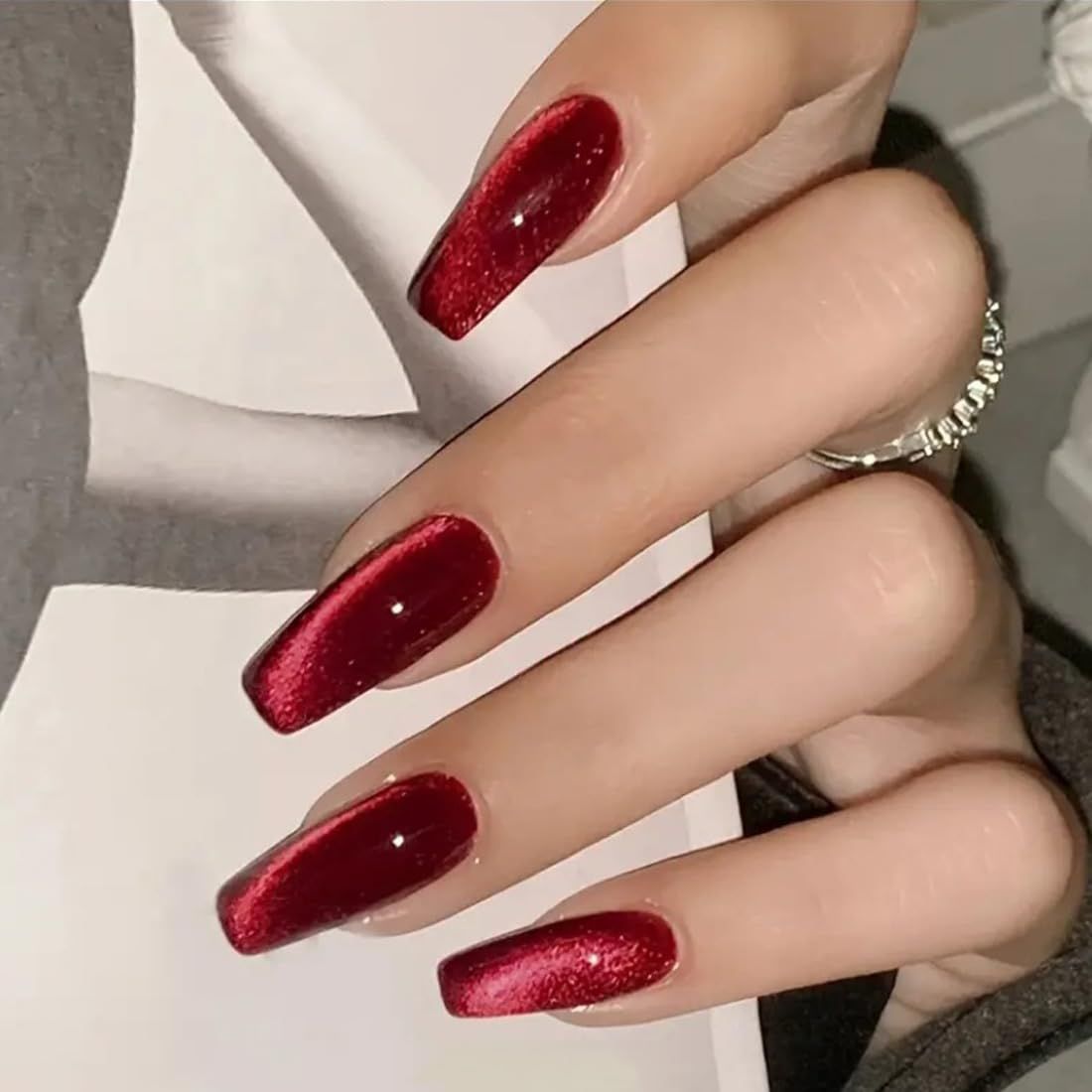 ANDGING Cat Eye Red Press on Nails Square Medium Long Glue on Nails with Bling Designs Full Cover Pressons Fake Nails Gel Manicure Glitter False Nails for Wedding Acrylic Stick on Nails for Women