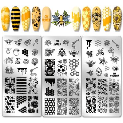 PH PandaHall 3pcs Honeycomb Nail Stamping Plates, Spring Bee Honey Nail Stamper Sunflower Art Stencils Stainless Steel Image Plate for Nails Art Design Manicure Salon