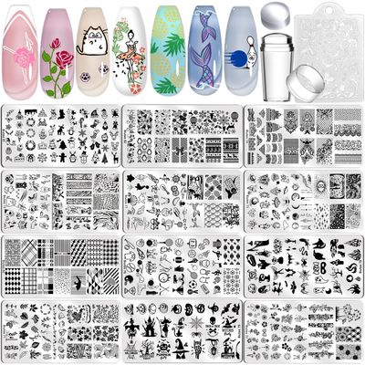 Biutee 12 Pcs Nail Art Stamping Plate Set Nail Stamping Kit Nail Stamper Flower Leaves Animal Lace Star Rose Holiday Design Nail Stamp Plate Valentine Nail Stamp Template