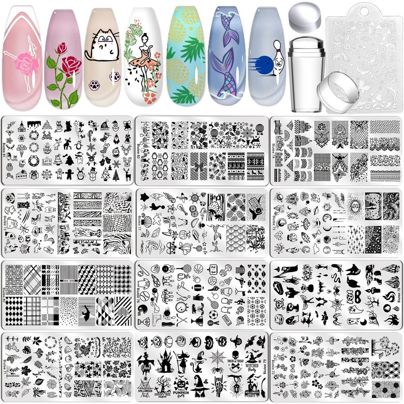 Biutee 12 Pcs Nail Art Stamping Plate Set Nail Stamping Kit Nail Stamper Flower Leaves Animal Lace Star Rose Holiday Design Nail Stamp Plate Valentine Nail Stamp Template
