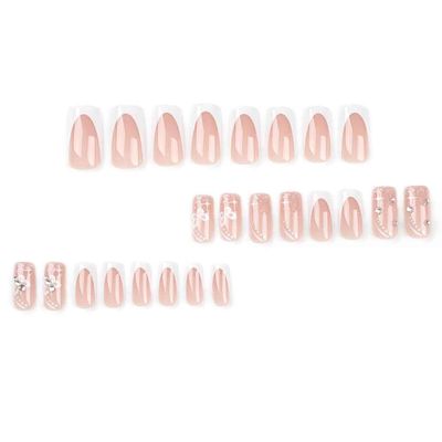 Foccna Long Press On Nails - Nude Square Clear Acrylic False Nails - 24PCS French Full Cover Bling Rhinestone Butterfly Design