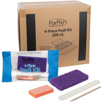 ForPro Professional Collection 4-Piece Pedicure Kit, 200-Count, Individually-Packed, Purple Pumice Pad, White Wood Nail File 80/100 Grit, Orange Mini Buffer 80/100 Grit, Wood Stick