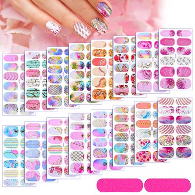 16 Sheets Full Wrap Gradient Nail Polish Stickers Self-Adhesive Nail Design Decal Strips Full Cover Nail Design Stickers with 2 Pieces Nail Files for DIY Women Girls Nail Design Decoration (Natural...
