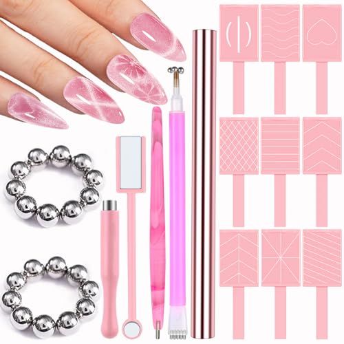 JFIYUOMCI Nail Magnet Tool (Pink Set), 34pcs Cat Eye Magnet for Nails, 3d Magnetic Gel Nail Polish Magnet Wand, Strong Magnets Manicure Tool for Nail Design DIY Nail Art Accessories