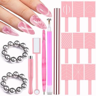 JFIYUOMCI Nail Magnet Tool (Pink Set), 34pcs Cat Eye Magnet for Nails, 3d Magnetic Gel Nail Polish Magnet Wand, Strong Magnets Manicure Tool for Nail Design DIY Nail Art Accessories