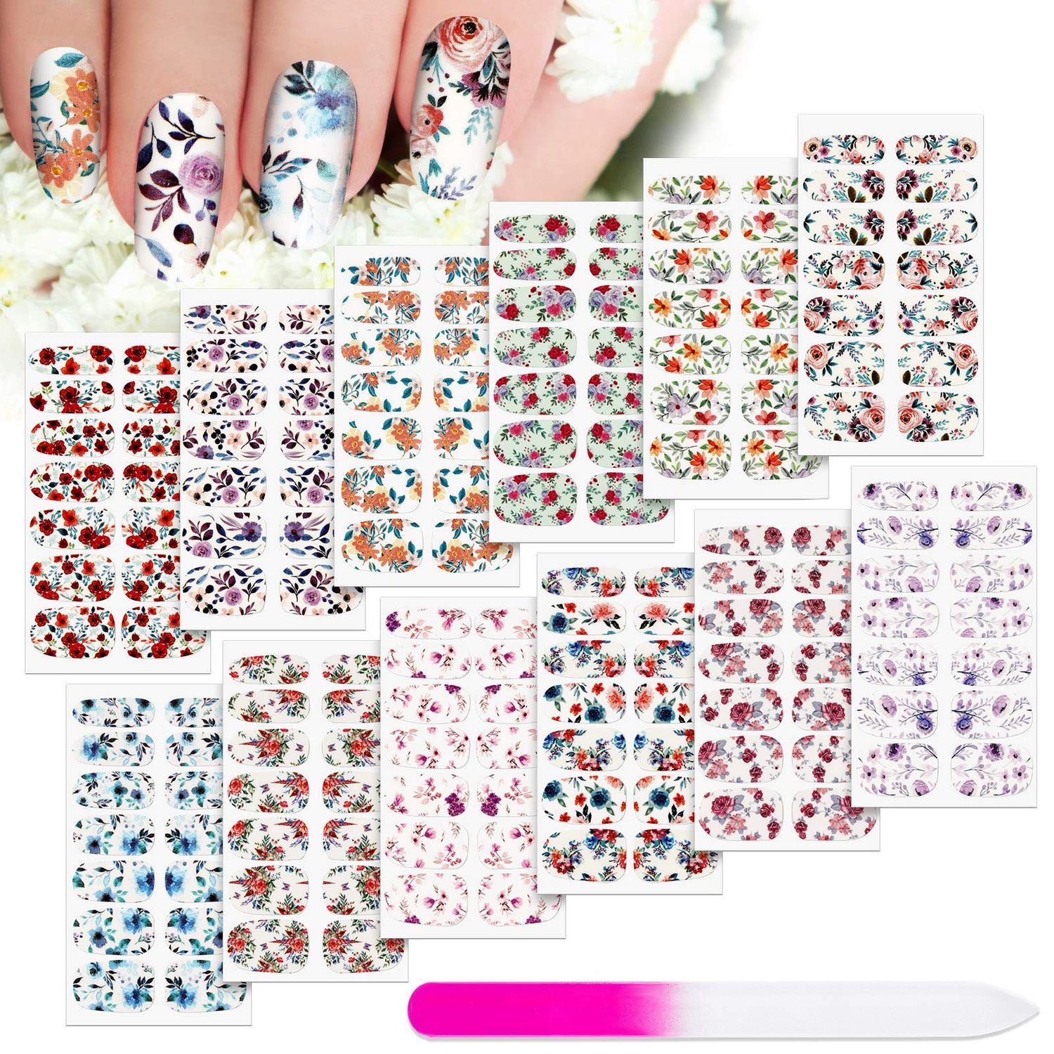 168 Pcs 12 Sheets Full Wraps Nail Polish Stickers Flower Print Self-Adhesive Nail Art Decal Strips Manicure Kits Colorful Flower Full Cover Decal Strips(Bright Style)