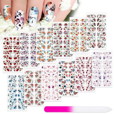 168 Pcs 12 Sheets Full Wraps Nail Polish Stickers Flower Print Self-Adhesive Nail Art Decal Strips Manicure Kits Colorful Flower Full Cover Decal Strips(Bright Style)