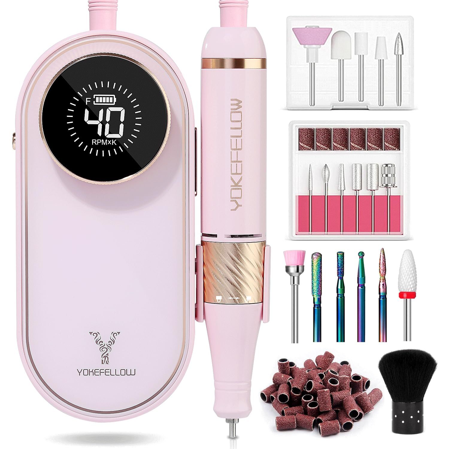YOKE FELLOW Nail Drill Machine - 40000 RPM Electric Nail File Nail Drills for Acrylic Nails Professional with 12 Drill Bits Manicure Pedicure Polishing Nail Drill for Home Use