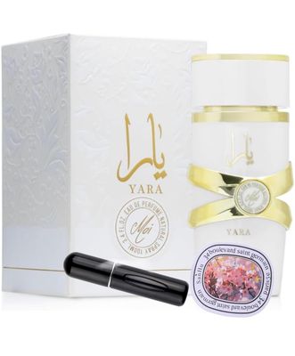 Bundle of Lattafa Perfumes Yara Moi 3.4oz Eau De Perfume with 1 Travel Refillable Bottle(5ML) &amp; 1 Scented Car Freshener Card