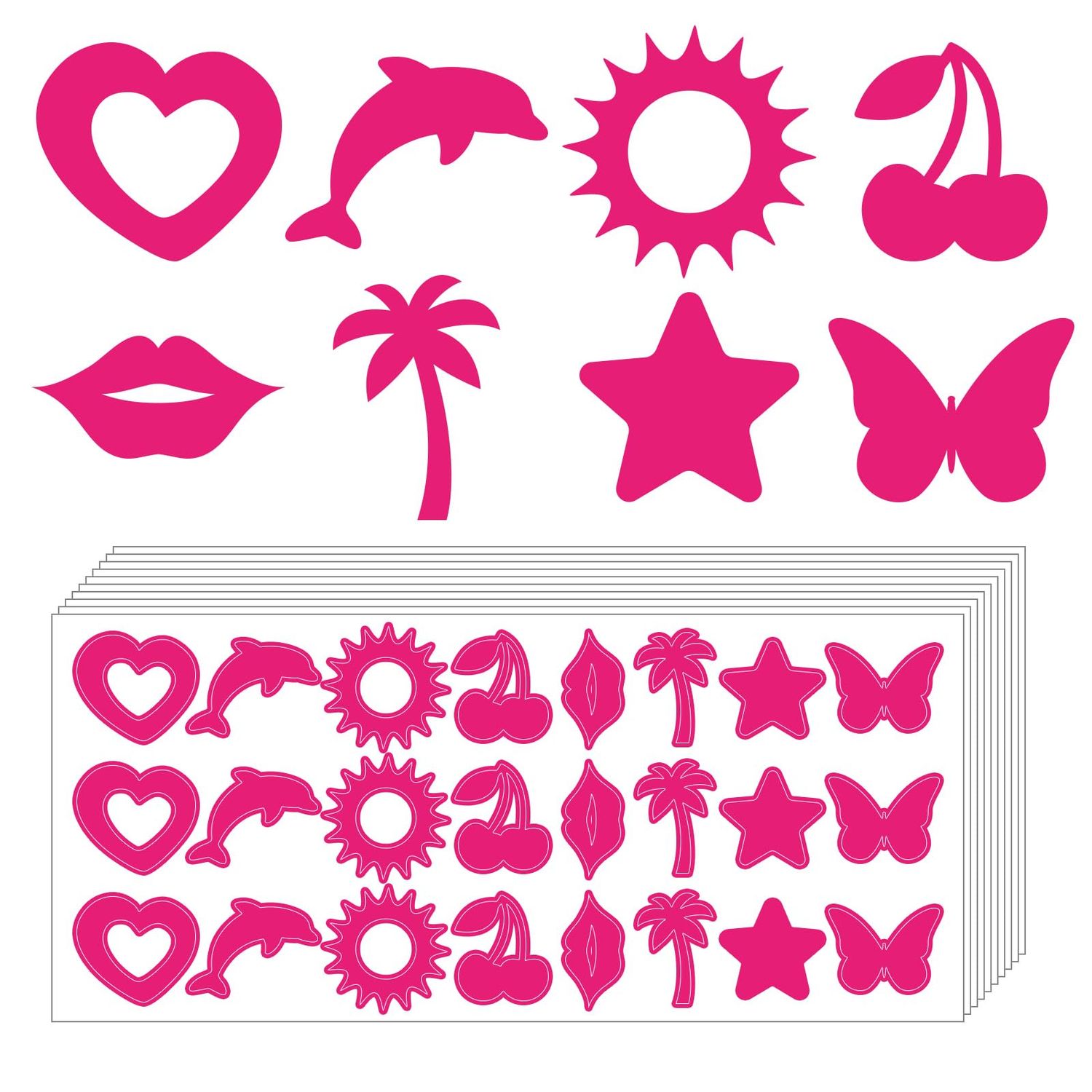 Whaline 240Pcs Tanning Sunbathing Stickers Heart Dolphin Sun Cherry Lip Tree Star Butterfly Tanning Decals Hot Pink Self Adhesive Body Stickers for Summer Beach Outdoor Indoor Salon Party Supplies