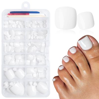 LuckForever 168pc Press on Toenails Women Fake Toe Nails with Glue Adhesive Tabs, White Fake Toenails Press on Nails Toe Acrylic Nail Tips Short Square False Toenails Artificial Toe Nails Press ons