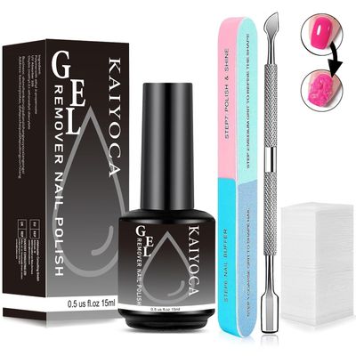 Gel Nail Polish Remover with 7 Way Nail Buffer and Cuticle Pusher &amp; 30Pcs Nail Wipes, Quickly Remove Acrylic Gel Powder Clear in 3-5 Minutes, No Soaking or Wrapping(1 Pcs Kit)