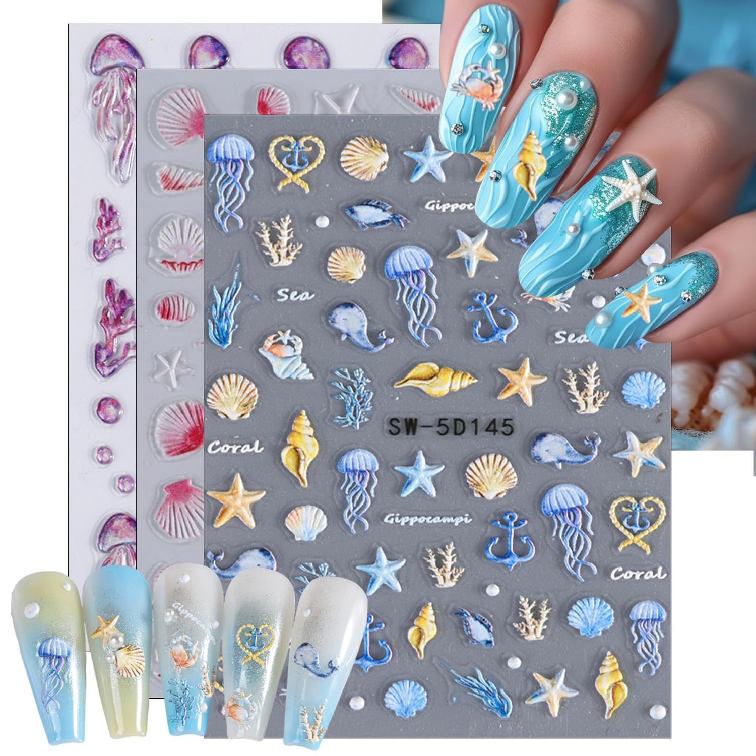 3 Sheets Starfish Shell Nail Art Stickers 5D Embossed Self-Adhesive Summer Nail Art Design Decals Ocean Theme Acrylic Nail Adhesive Stickers for Women DIY Nail Decoration