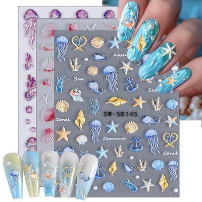 3 Sheets Starfish Shell Nail Art Stickers 5D Embossed Self-Adhesive Summer Nail Art Design Decals Ocean Theme Acrylic Nail Adhesive Stickers for Women DIY Nail Decoration
