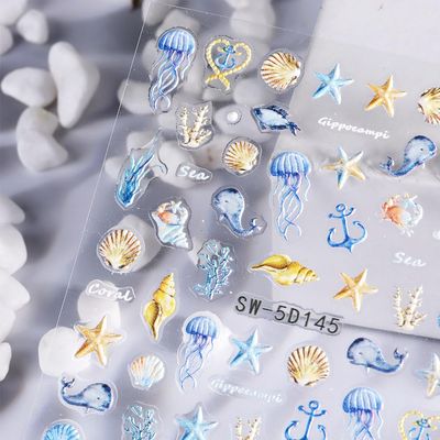3 Sheets Starfish Shell Nail Art Stickers 5D Embossed Self-Adhesive Summer Nail Art Design Decals Ocean Theme Acrylic Nail Adhesive Stickers for Women DIY Nail Decoration