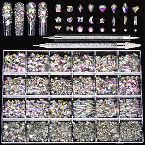 Kaipheiquan Nail Rhinestones Kit, 18 Types of 900 Special-Shaped Diamonds 3200 Flat-Bottomed Nail Rhinestones, Nail Crystal DIY Crafts Gemstones for Nail, Shoes, Clothes, Jewels