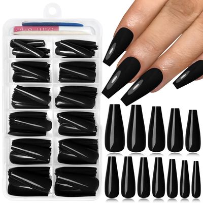 Lifextol 120PC Black Coffin Press on Nails Long Fake Nails Press ons with Glue Nail Adhesive Tabs, 12 Sizes Long Acrylic Nails Press on Nails Coffin Black Stick Nails Tips Artificial Fingernails
