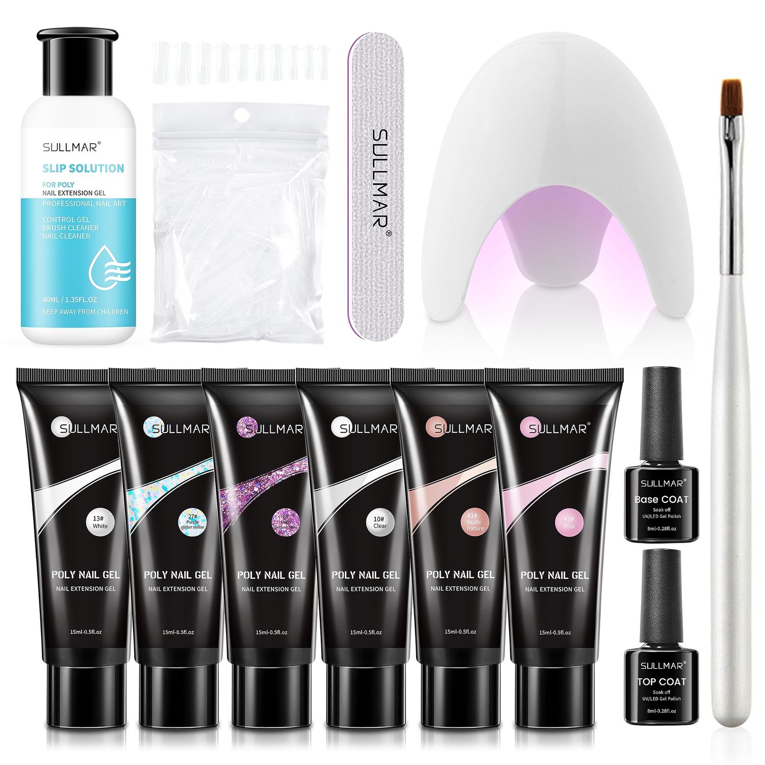 Sullmar 6-Color Poly Nail Gel Set - 15ml Nail Extension Gel with Base &amp; Top Coat, Slip Solution, Brush for DIY &amp; Salon