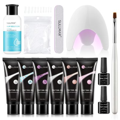 Sullmar 6-Color Poly Nail Gel Set - 15ml Nail Extension Gel with Base &amp; Top Coat, Slip Solution, Brush for DIY &amp; Salon
